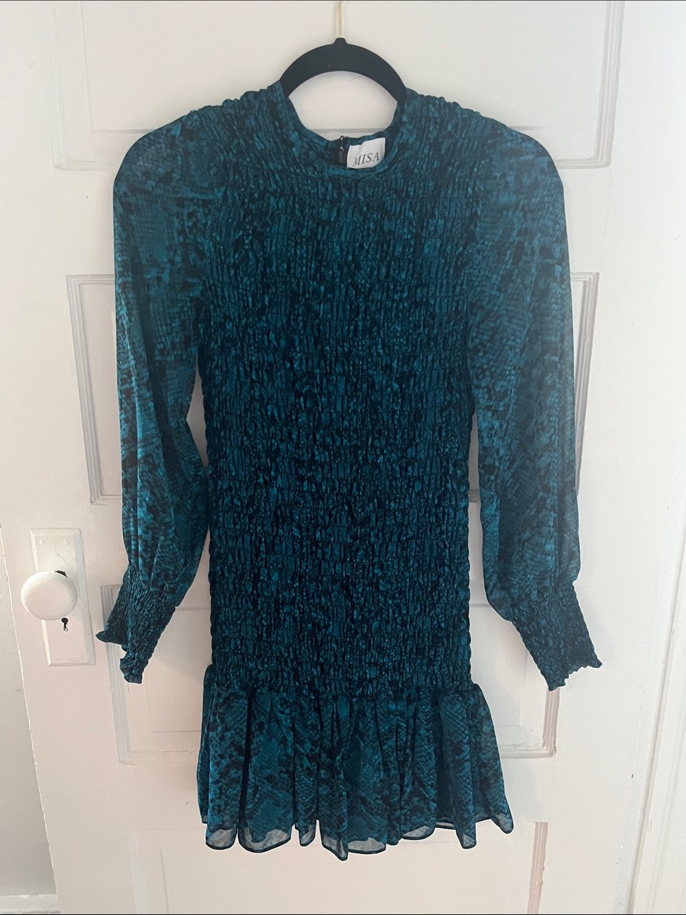 Misa Los Angeles Teal and Black Smocked Mini Dress